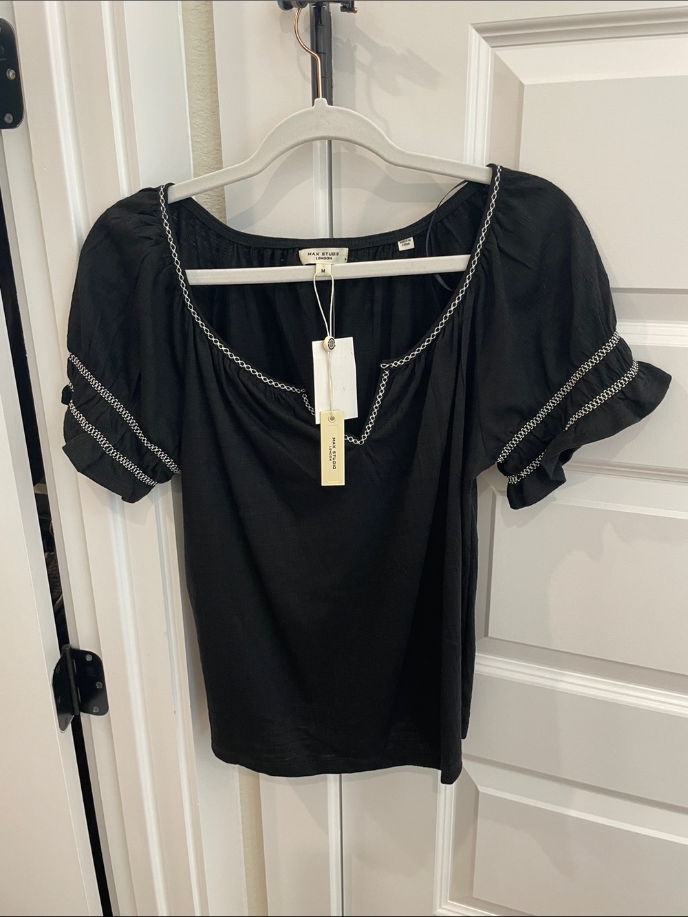 Max Studio London Black Short Sleeve Top with Chain Embroidery Detail